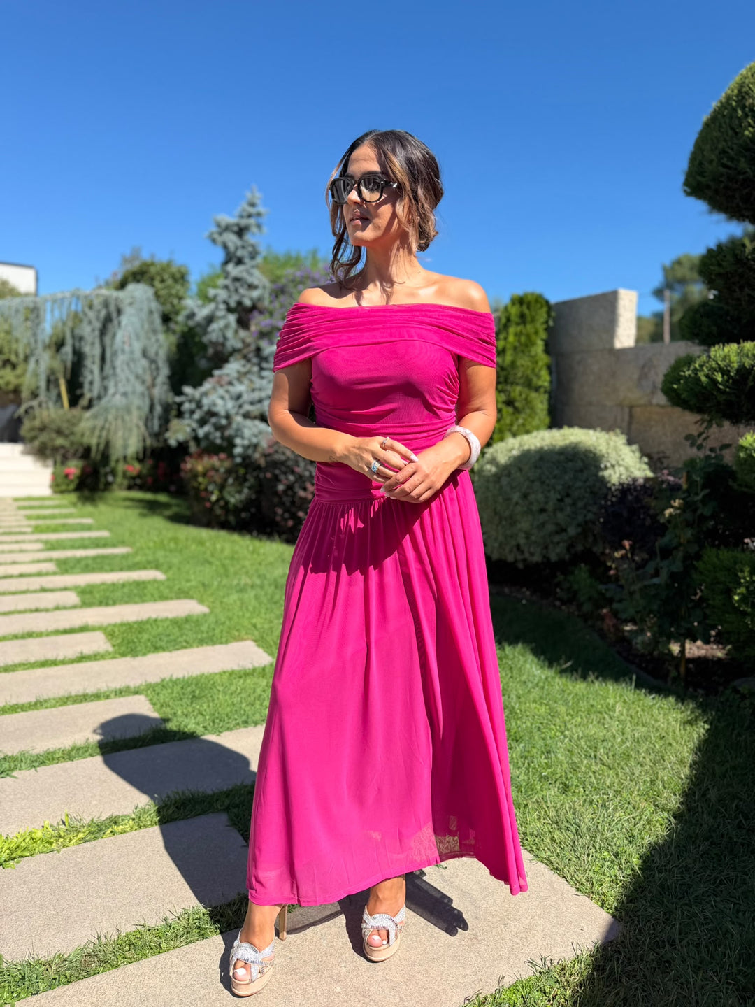 VESTIDO COMPRIDO FUCSIA COM DRAPEADO PONTO CHIC