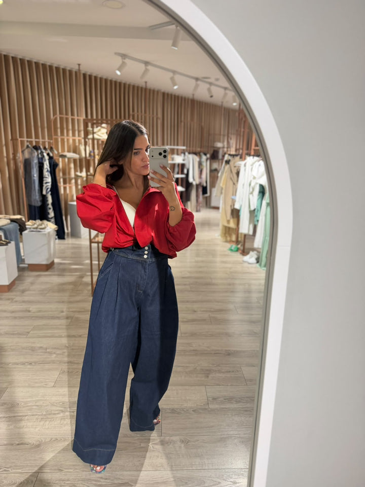 CALÇAS DE GANGA AZUL PANTALONA COM CINTURA SUBIDA E FIVELAS PONTO CHIC