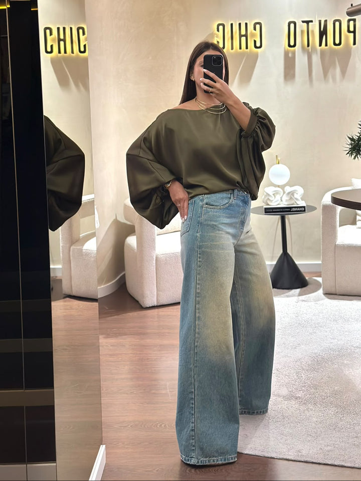 BLUSA KAKI ACETINADA COM MANGAS AMPLAS PONTO CHIC