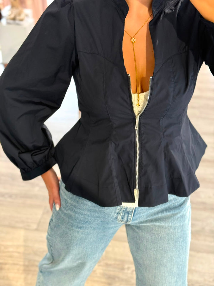 BLUSA AZUL MARINHO ESTRUTURADA COM FECHO E AJUSTE NAS COSTAS PONTO CHIC