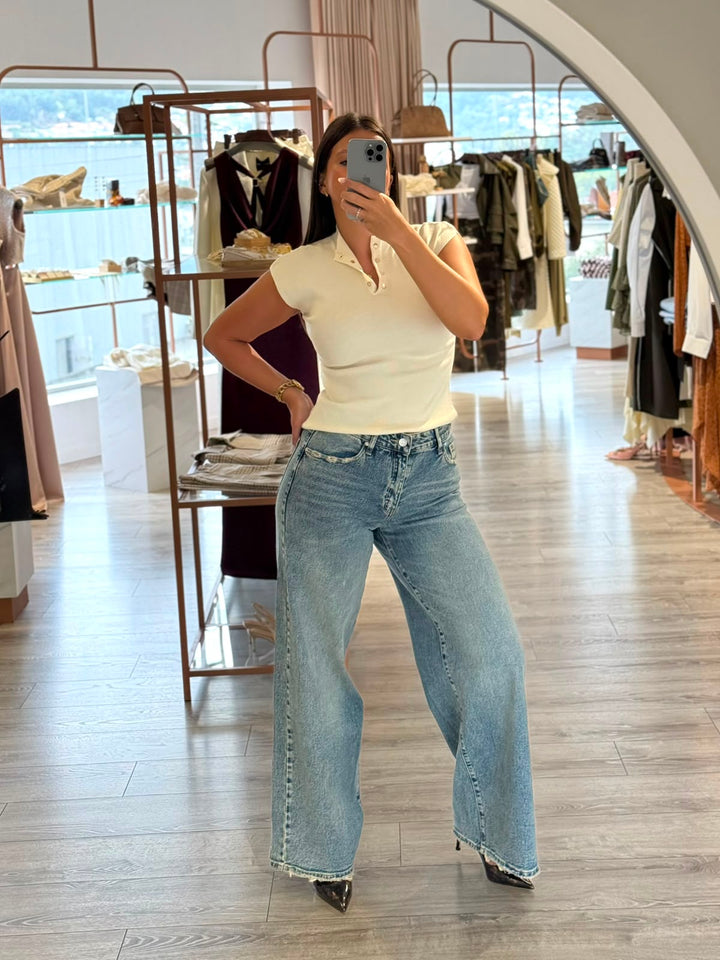CALÇAS DE GANGA WIDE LEG COM CINTURA AJUSTÁVEL PONTO CHIC