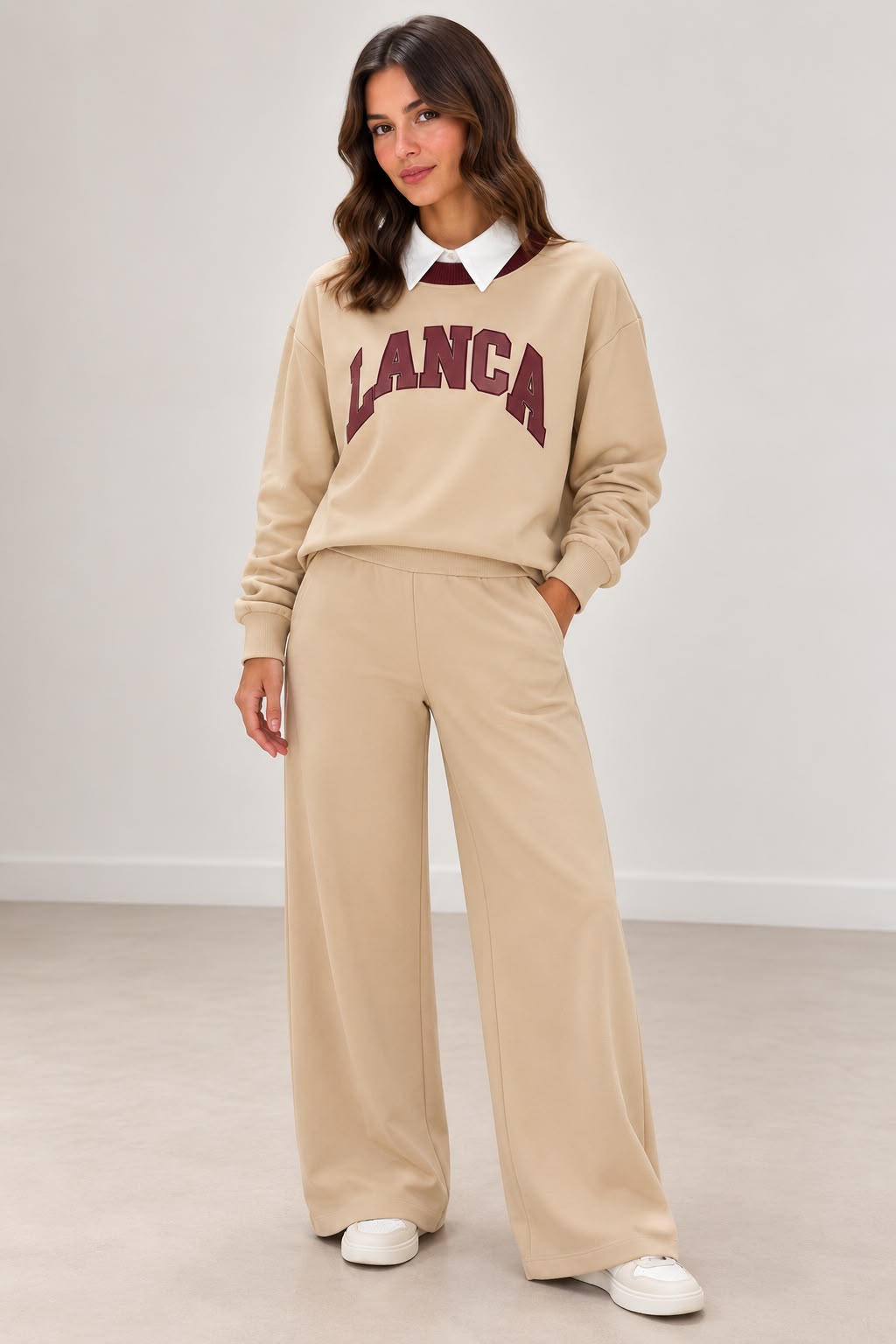 CALÇAS BEGE CAPPUCCINO WIDE LEG COM CINTURA ELÁSTICA LANÇA PERFUME