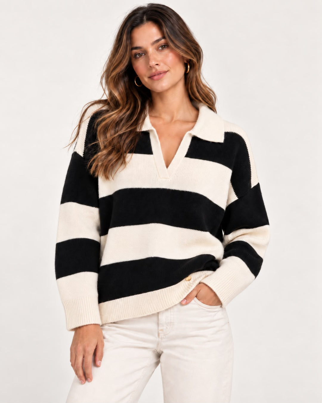 Camisola cru e preta às riscas com gola polo Ruga | Ponto Chic