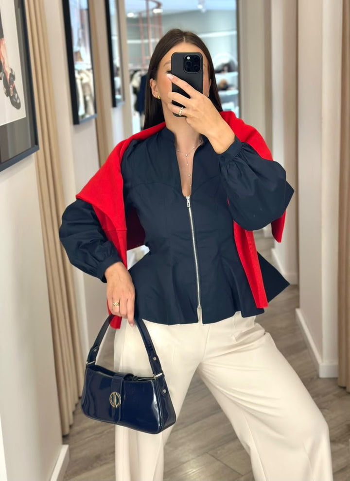 BLUSA AZUL MARINHO ESTRUTURADA COM FECHO E AJUSTE NAS COSTAS PONTO CHIC