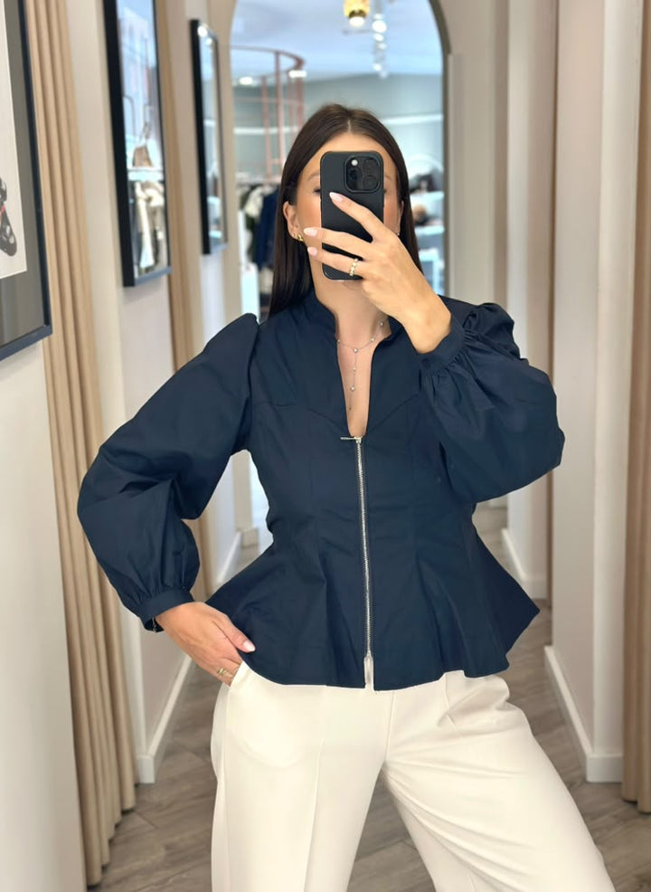 BLUSA AZUL MARINHO ESTRUTURADA COM FECHO E AJUSTE NAS COSTAS PONTO CHIC