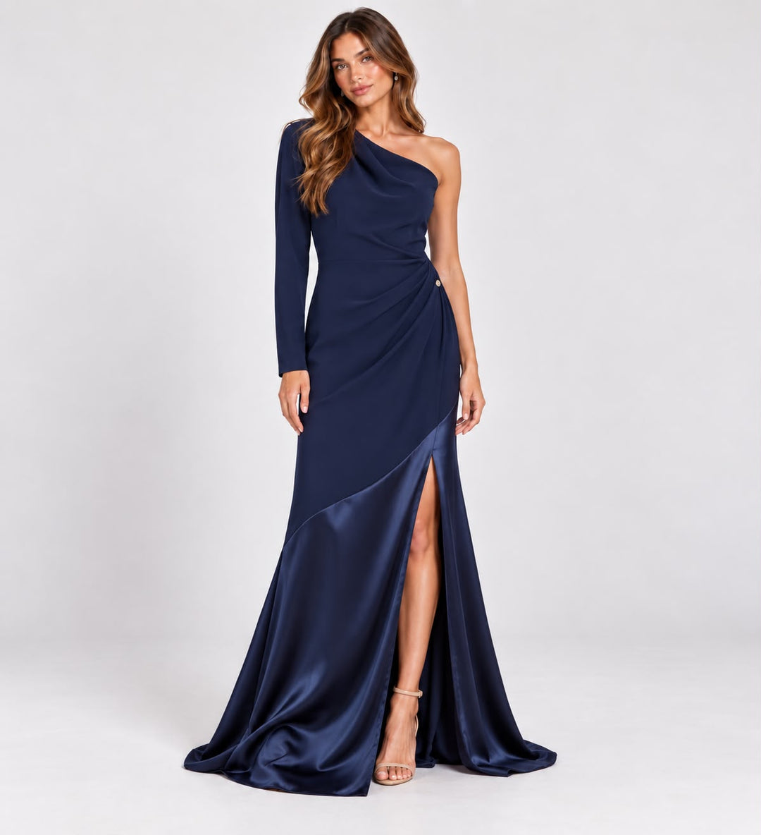VESTIDO AZUL MARINHO ASSIMÉTRICO COM MANGA UNILATERAL E DRAPEADO RINASCIMENTO