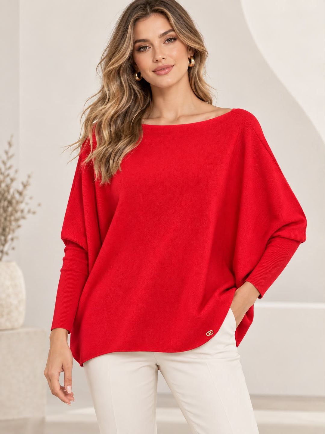 CAMISOLA VERMELHA DE MALHA COM MANGA MORCEGO RUGA