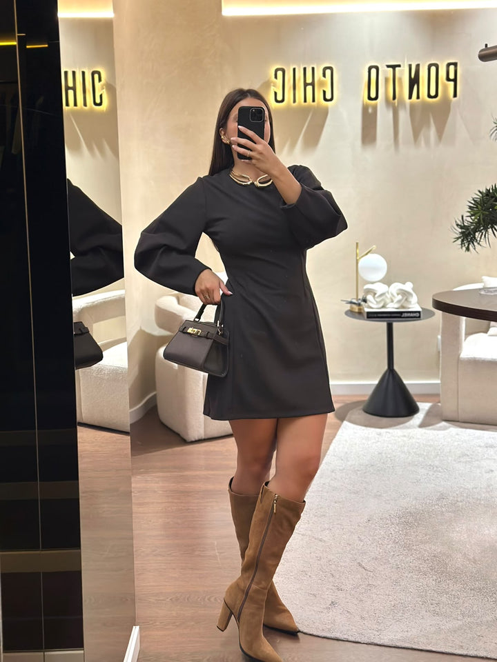 VESTIDO CASTANHO CURTO COM MANGAS AMPLAS IMPERIAL