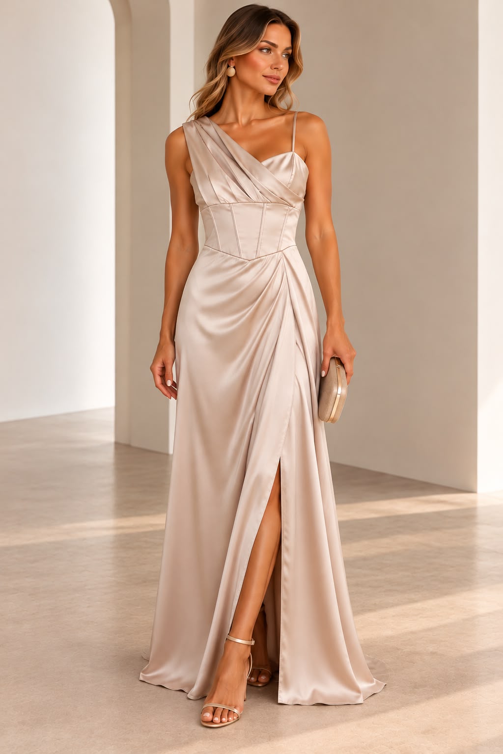 VESTIDO LONGO CHAMPANHE DE CETIM RINASCIMENTO