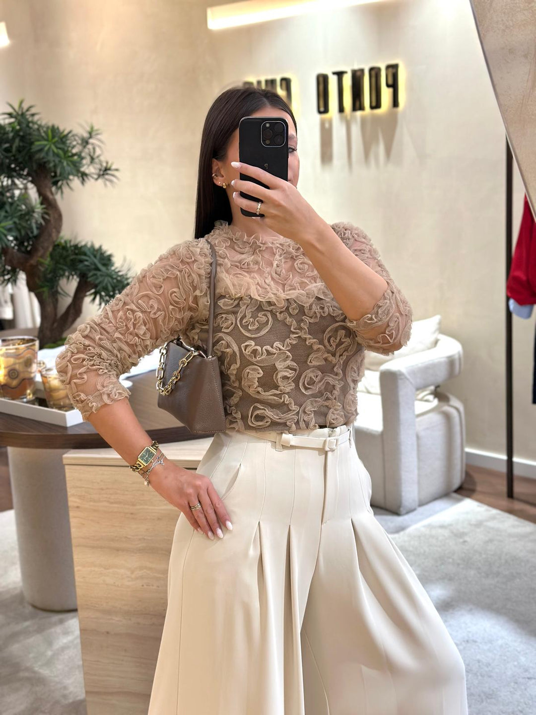 CALÇA BEGE PLATINA FLUIDA COM CINTO IMPERIAL