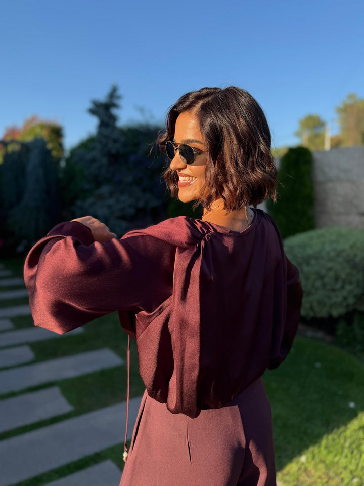 BLUSA CURTA BORDÔ COM PENDENTES PONTO CHIC