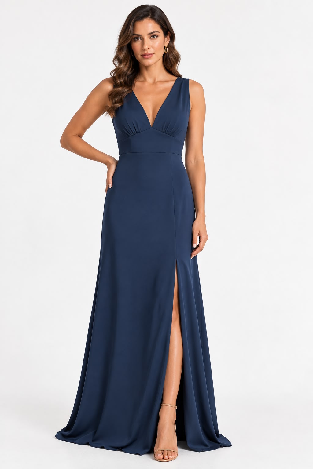 VESTIDO COMPRIDO AZUL MARINHO COM DECOTE EM V E ABERTURA NAS COSTAS RINASCIMENTO