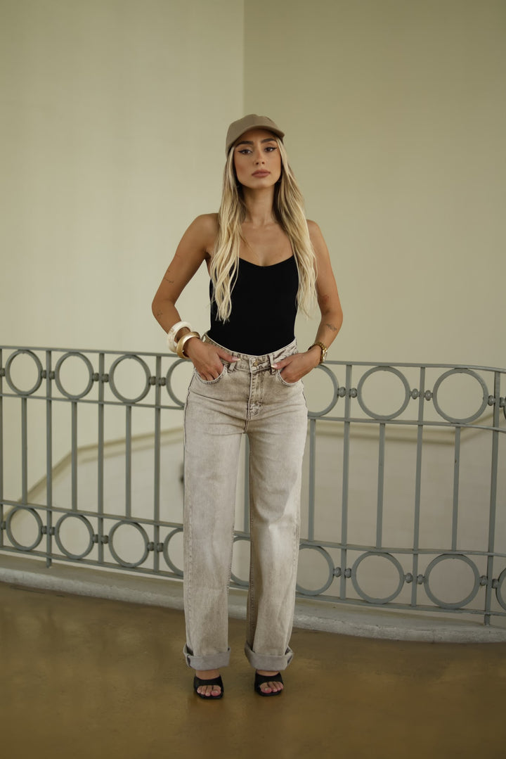 CALÇA JEANS BEGE WIDE LEG RINASCIMENTO