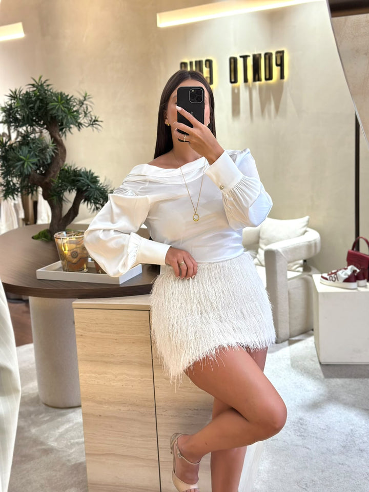 VESTIDO PÉROLA COM FRANJAS E COSTAS ABERTAS DIXIE