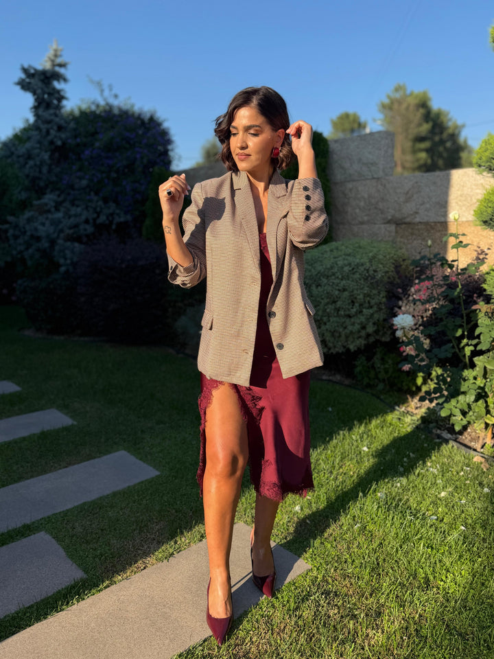 BLAZER CASTANHO COM PADRÃO PIED DE POULE PONTO CHIC