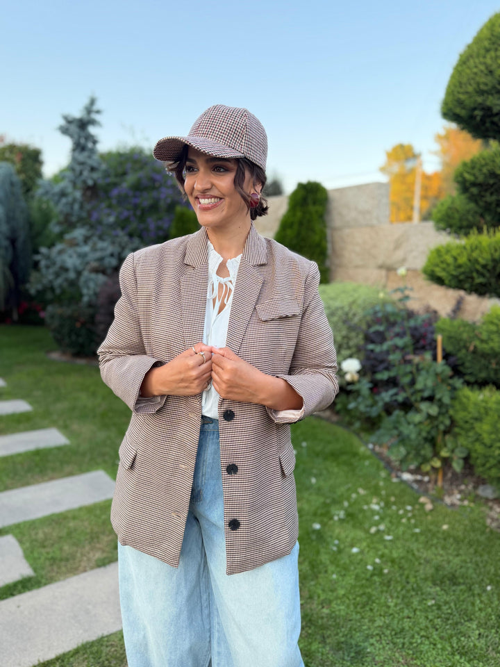 BLAZER CASTANHO COM PADRÃO PIED DE POULE PONTO CHIC