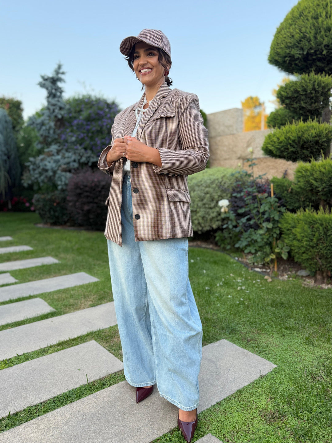 BLAZER CASTANHO COM PADRÃO PIED DE POULE PONTO CHIC