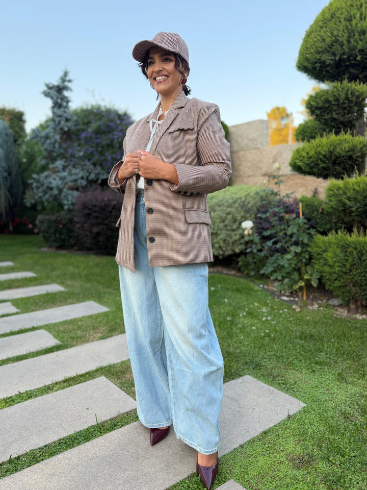BLAZER CASTANHO COM PADRÃO PIED DE POULE PONTO CHIC
