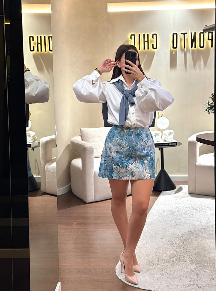 SAIA MINI AZUL EM JACQUARD FLORAL SAHOCO