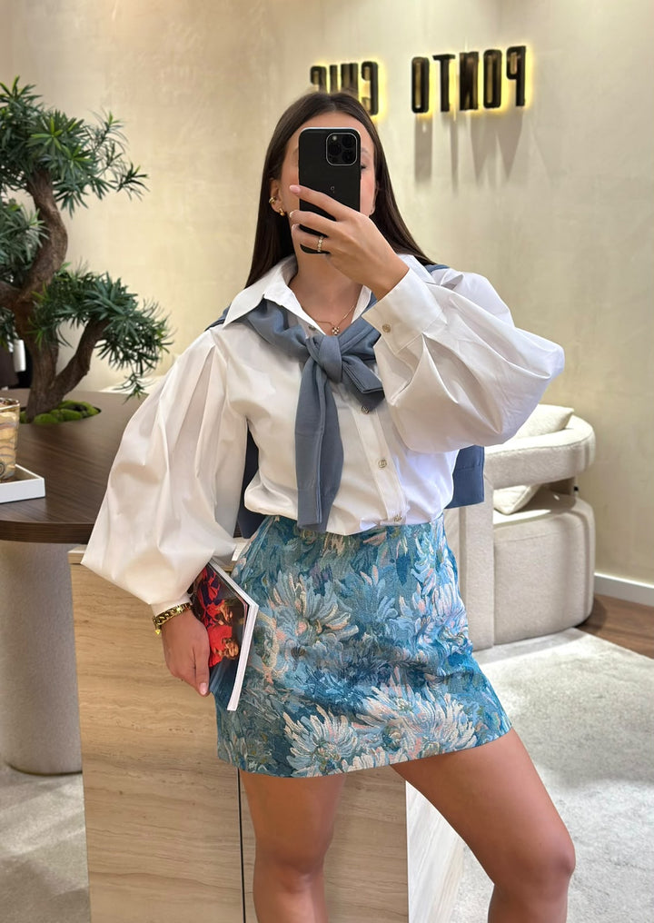 SAIA MINI AZUL EM JACQUARD FLORAL SAHOCO
