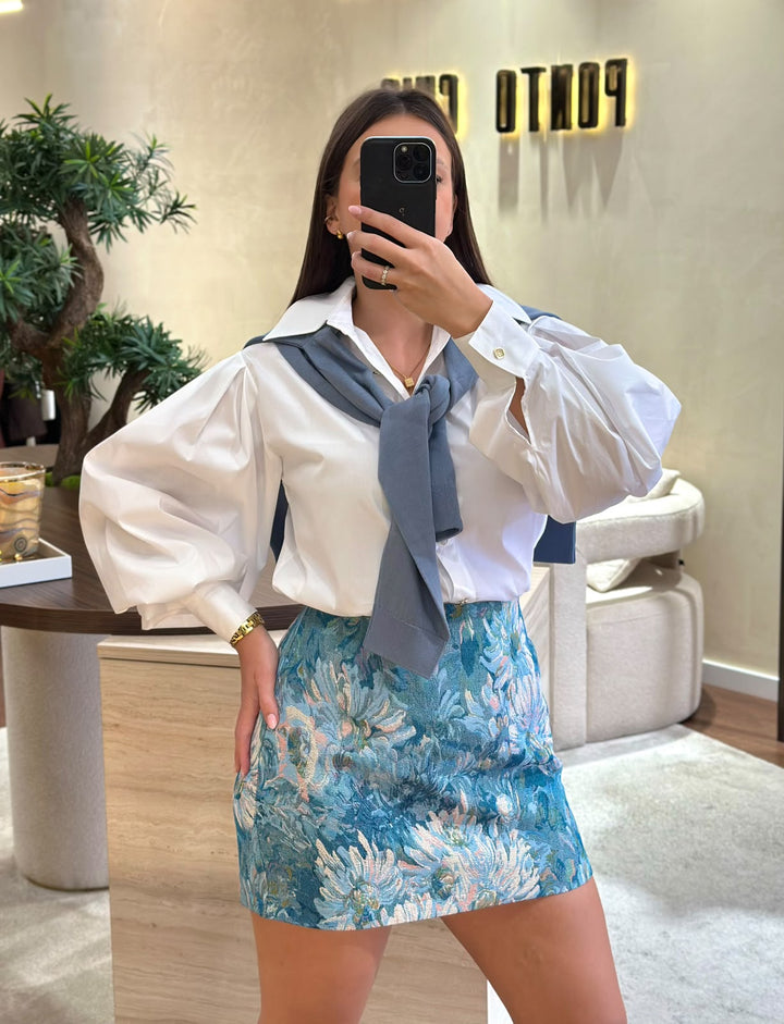 SAIA MINI AZUL EM JACQUARD FLORAL SAHOCO