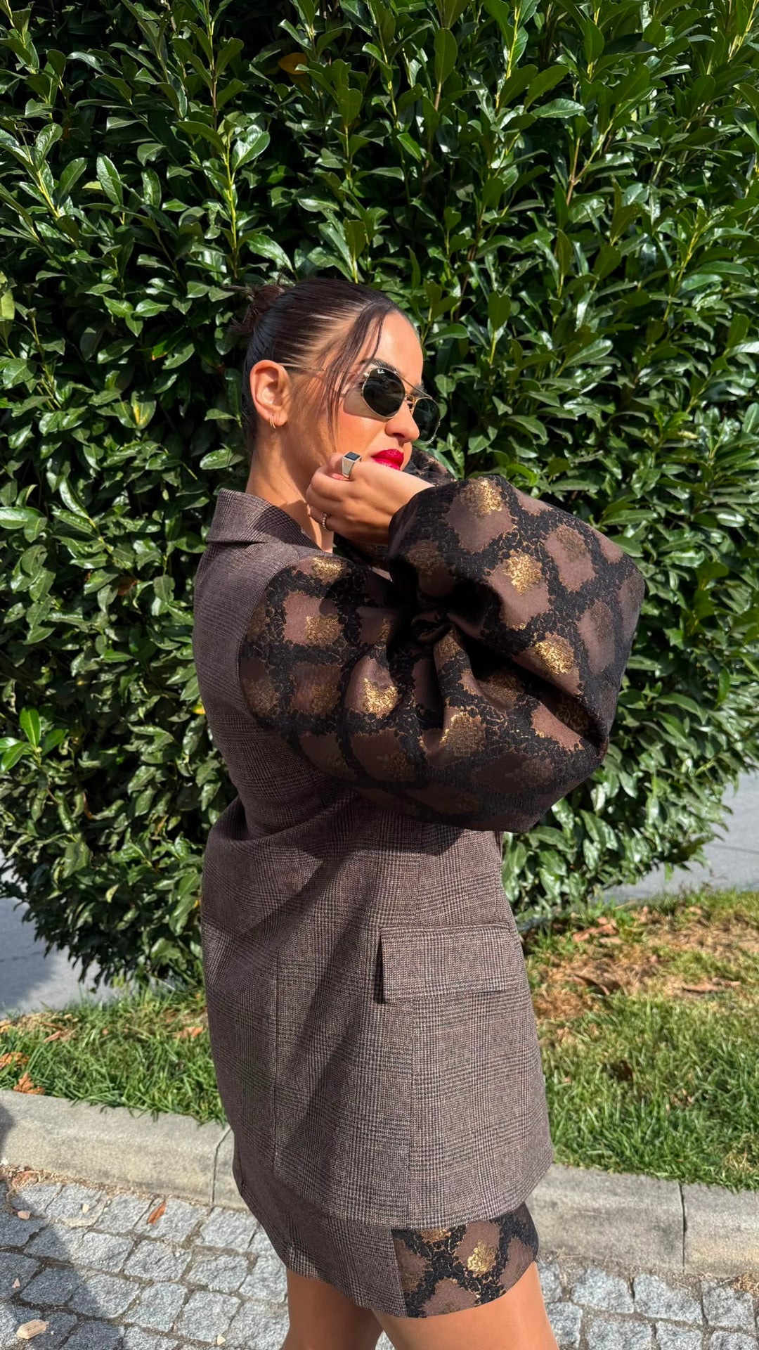 BLAZER XADREZ CASTANHO COM MANGAS BALÃO EM JACQUARD IMPERIAL