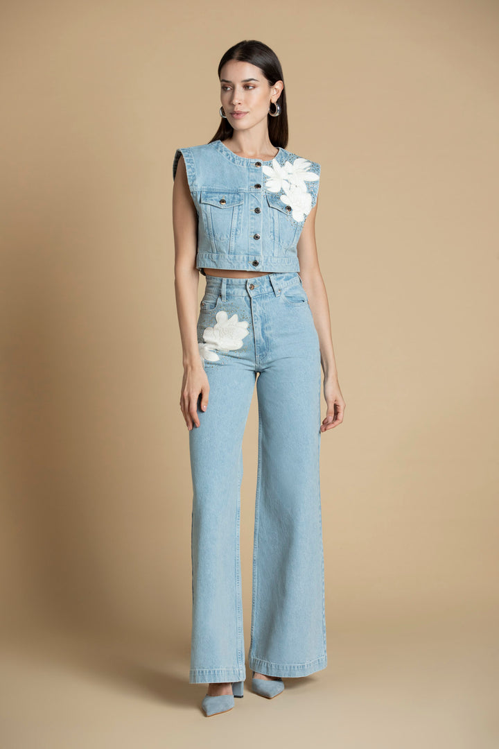 CALÇA DE GANGA COM BORDADOS SAHOCO