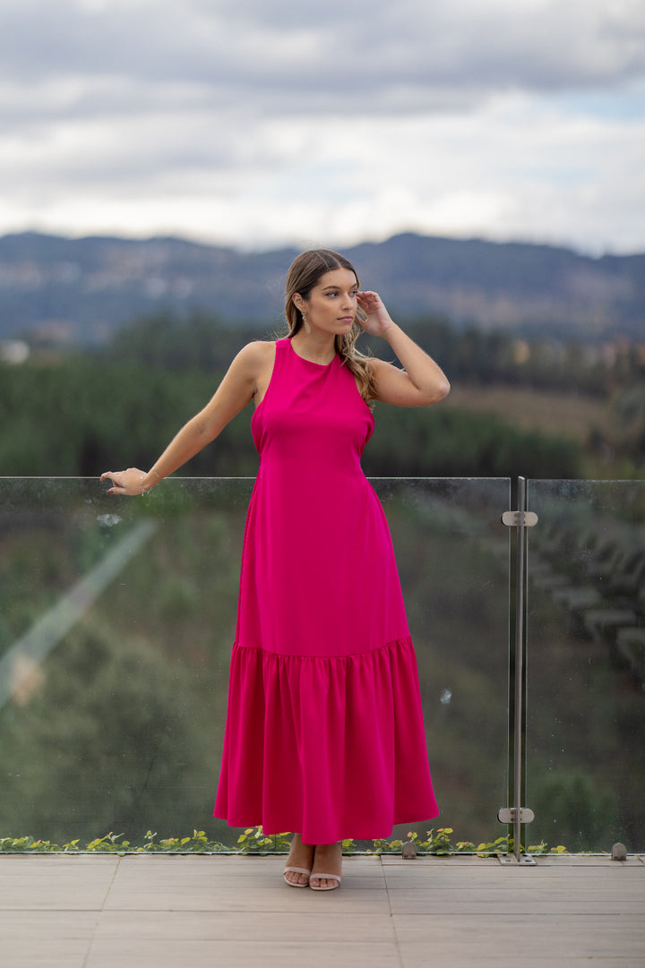 VESTIDO COMPRIDO FUCHSIA COM FOLHO PONTO CHIC