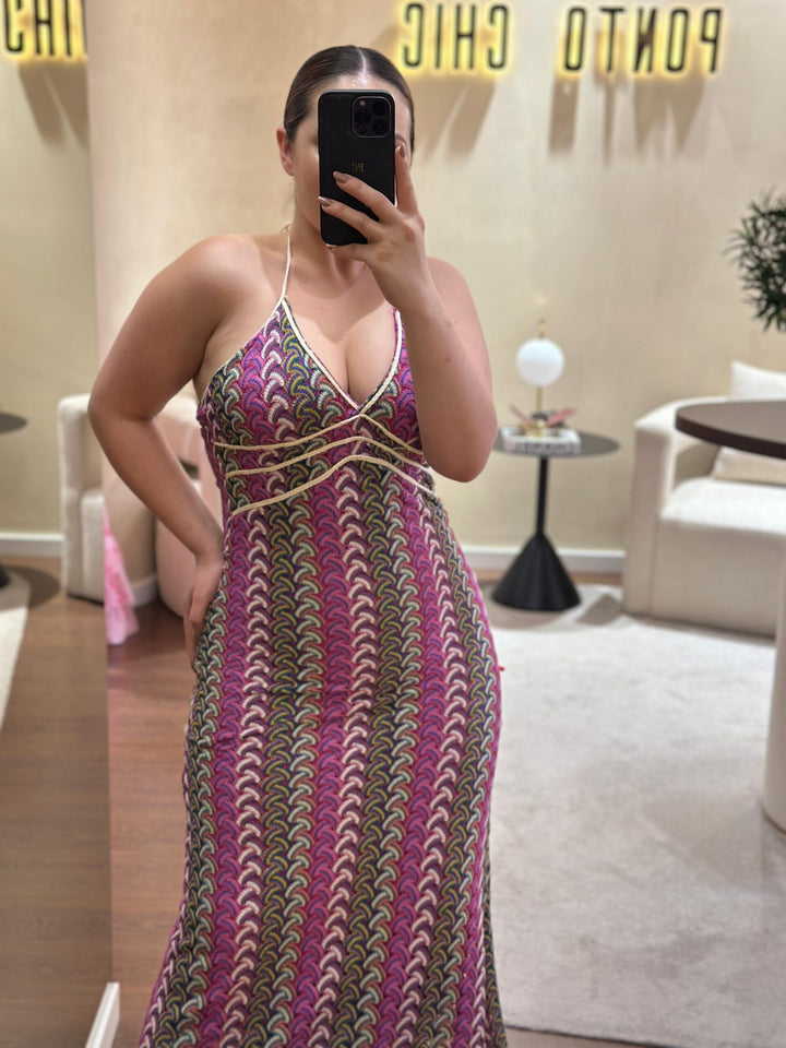VESTIDO COMPRIDO TECIDO TRABALHADO PONTO CHIC