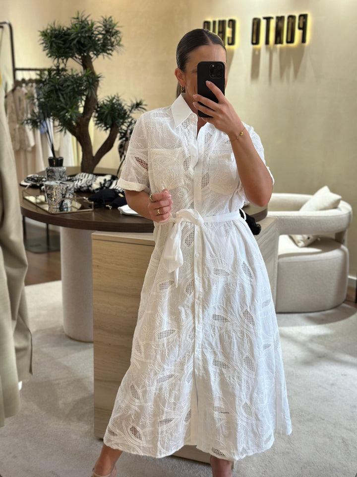 VESTIDO CAMISEIRO BRANCO TECIDO BORDADO PONTO CHIC