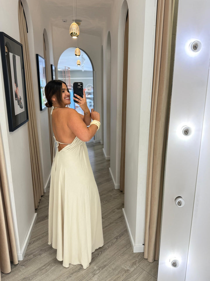 VESTIDO COMPRIDO FLUÍDO BEGE PONTO CHIC
