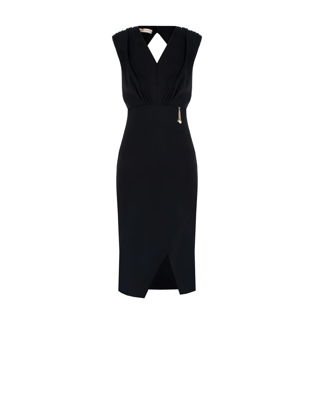 VESTIDO PRETO COM DECOTE PROFUNDO E DETALHE DOURADO RINASCIMENTO