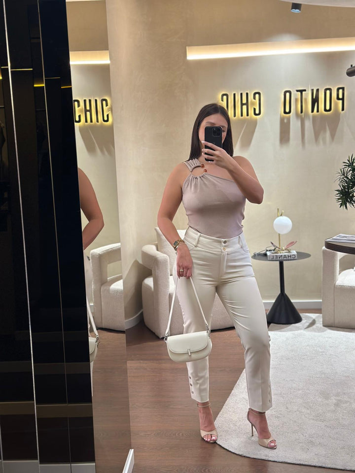 TOP ASSIMÉTRICO TAUPE PONTO CHIC