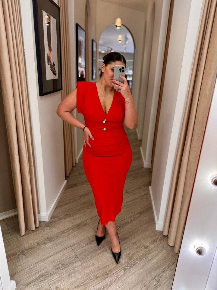 VESTIDO VERMELHO DECOTE V DOIS BOTÕES PONTO CHIC