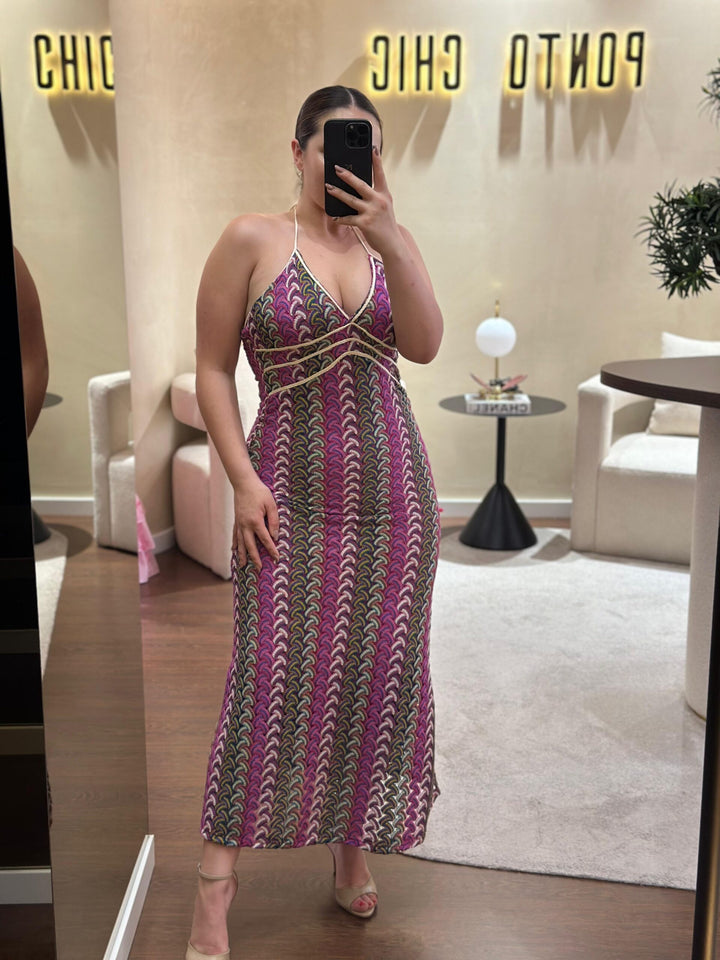 VESTIDO COMPRIDO TECIDO TRABALHADO PONTO CHIC