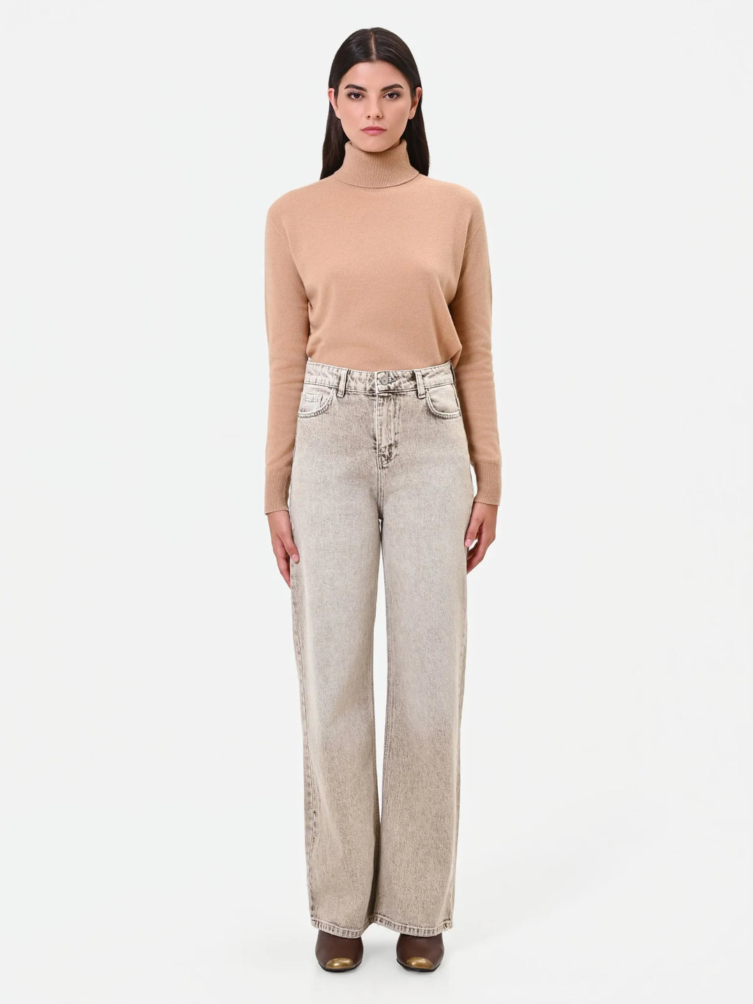 CALÇA JEANS BEGE WIDE LEG RINASCIMENTO