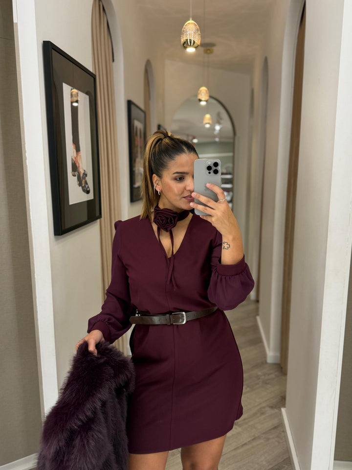 VESTIDO BORDÔ COM MANGAS TRANSPARENTES RINASCIMENTO