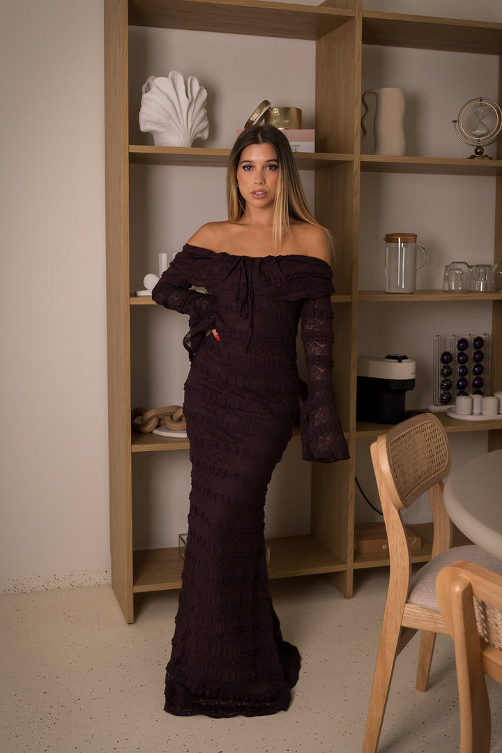 VESTIDO LONGO RENDA AMEIXA PONTO CHIC