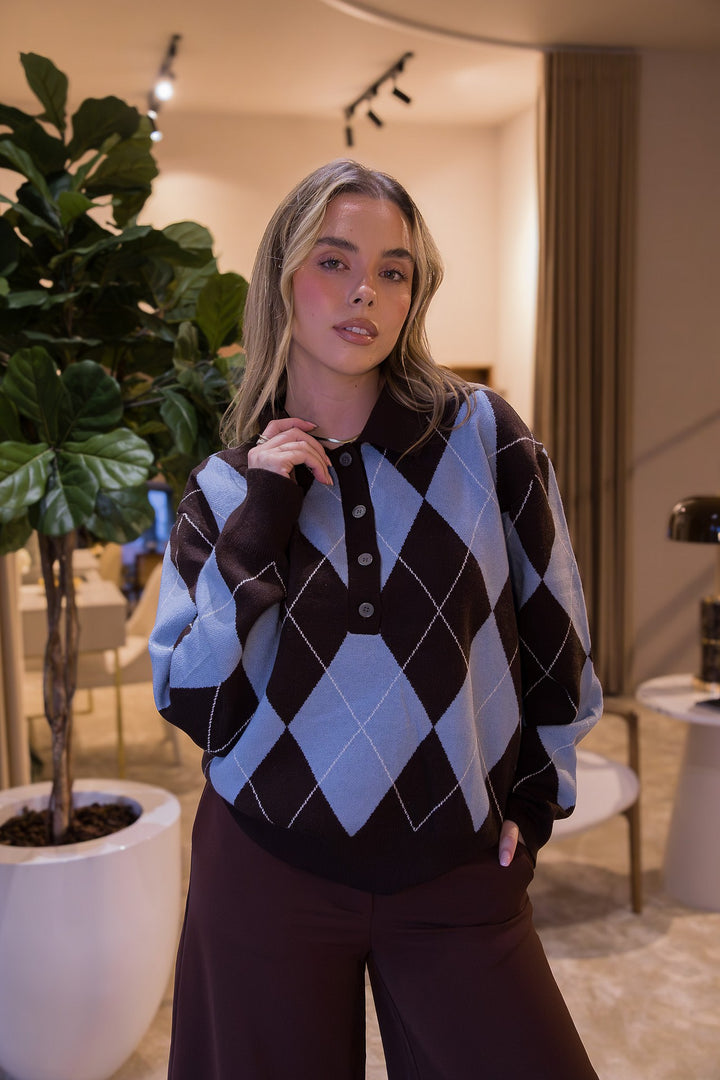 CAMISOLA LOSANGOS AZUL E CASTANHA PONTO CHIC