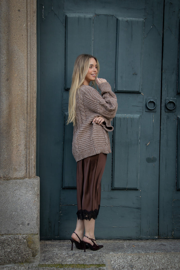 CAMISOLA DE MALHA ENTRANÇADA CASTANHA PONTO CHIC