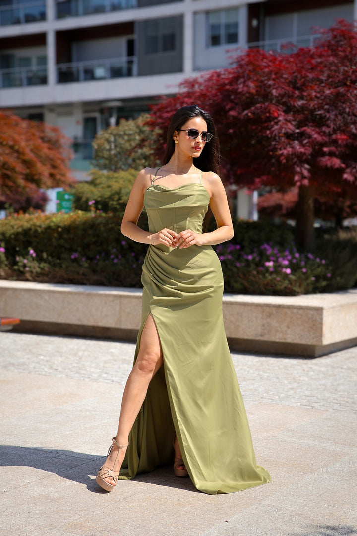 VESTIDO COMPRIDO VERDE AZEITONA PONTO CHIC