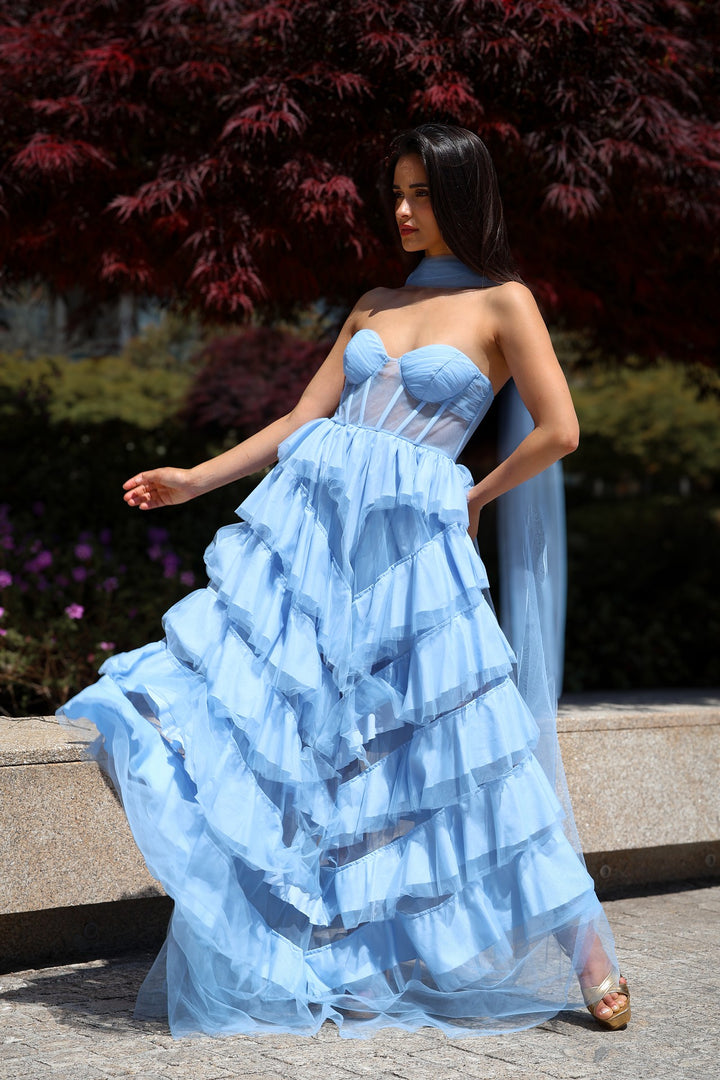 VESTIDO COMPRIDO AZUL COM FOLHOS NO SECRETS
