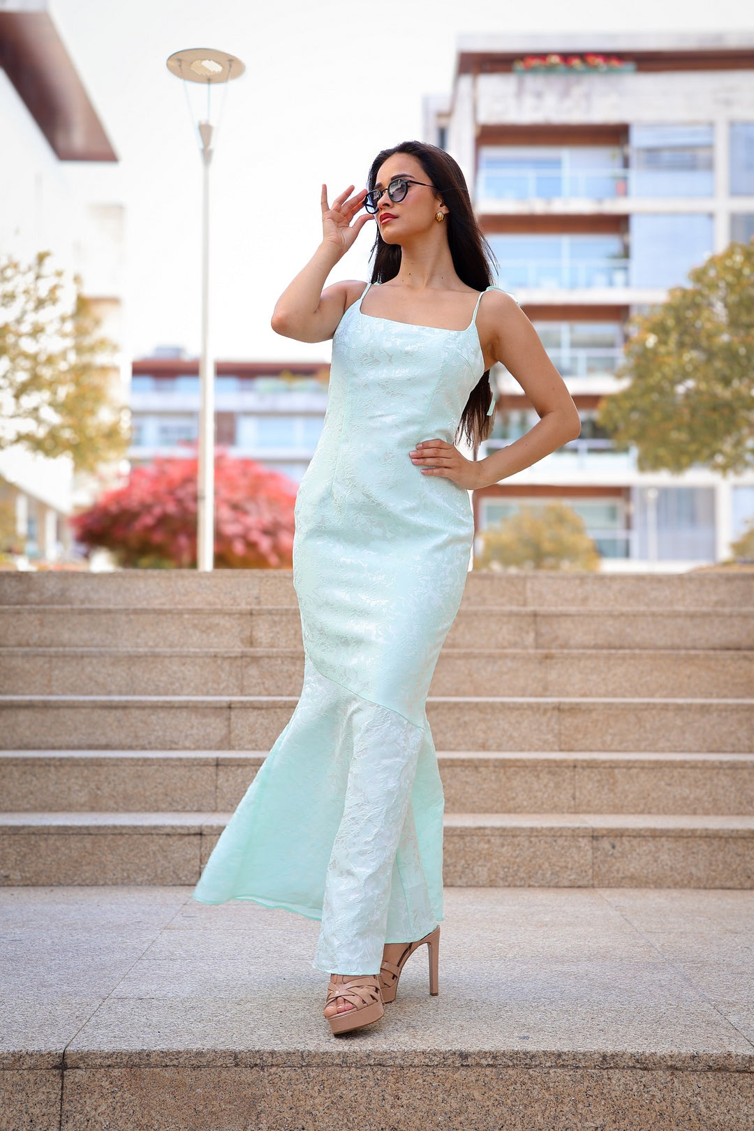 VESTIDO VERDE ÁGUA COM FOLHO PONTO CHIC