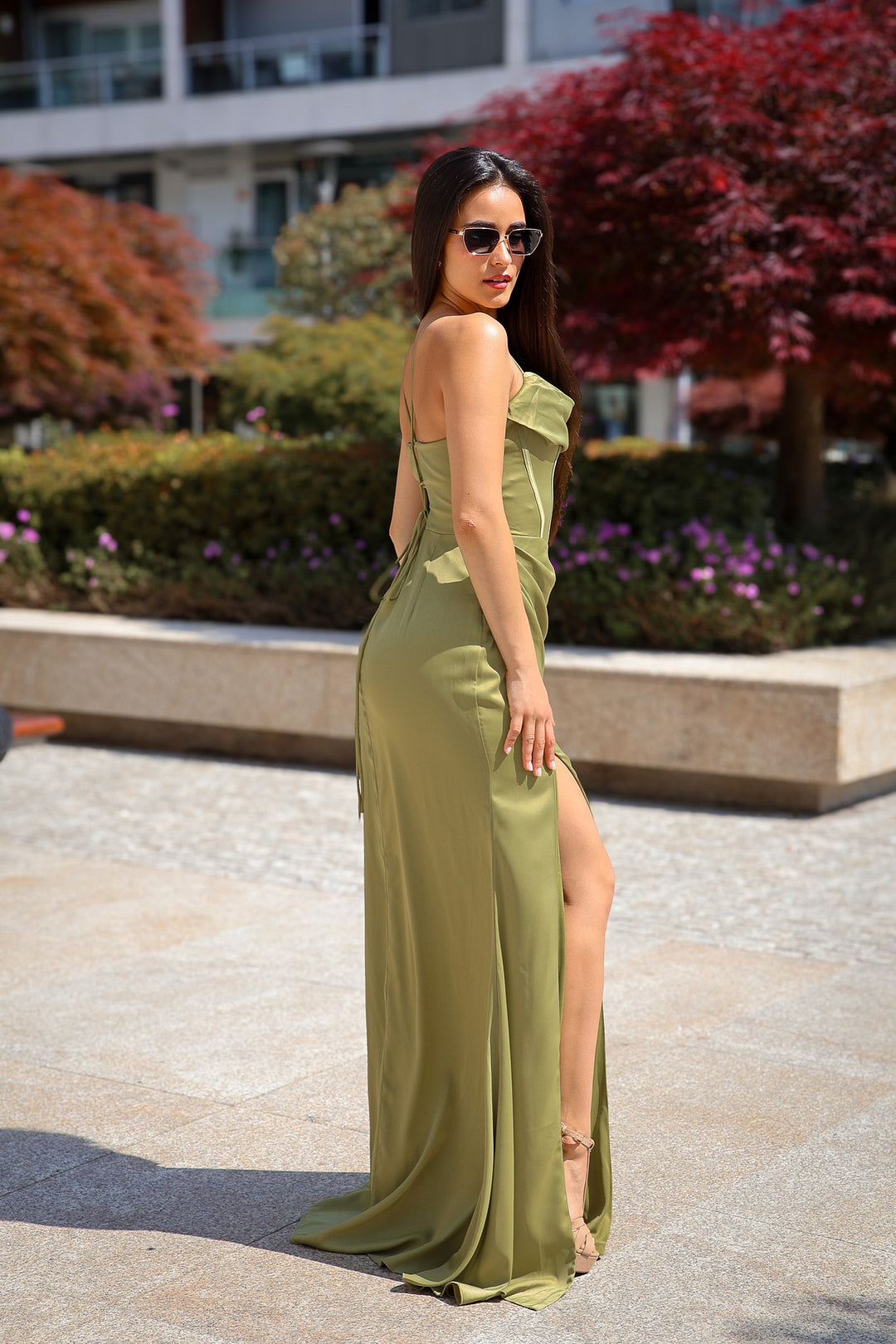 VESTIDO COMPRIDO VERDE AZEITONA PONTO CHIC