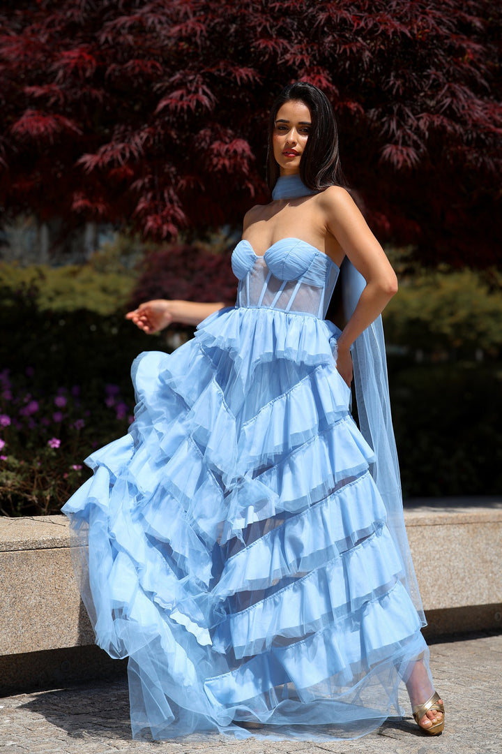VESTIDO COMPRIDO AZUL COM FOLHOS NO SECRETS