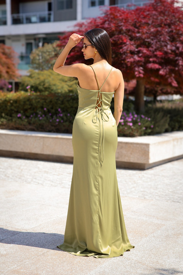 VESTIDO COMPRIDO VERDE AZEITONA PONTO CHIC