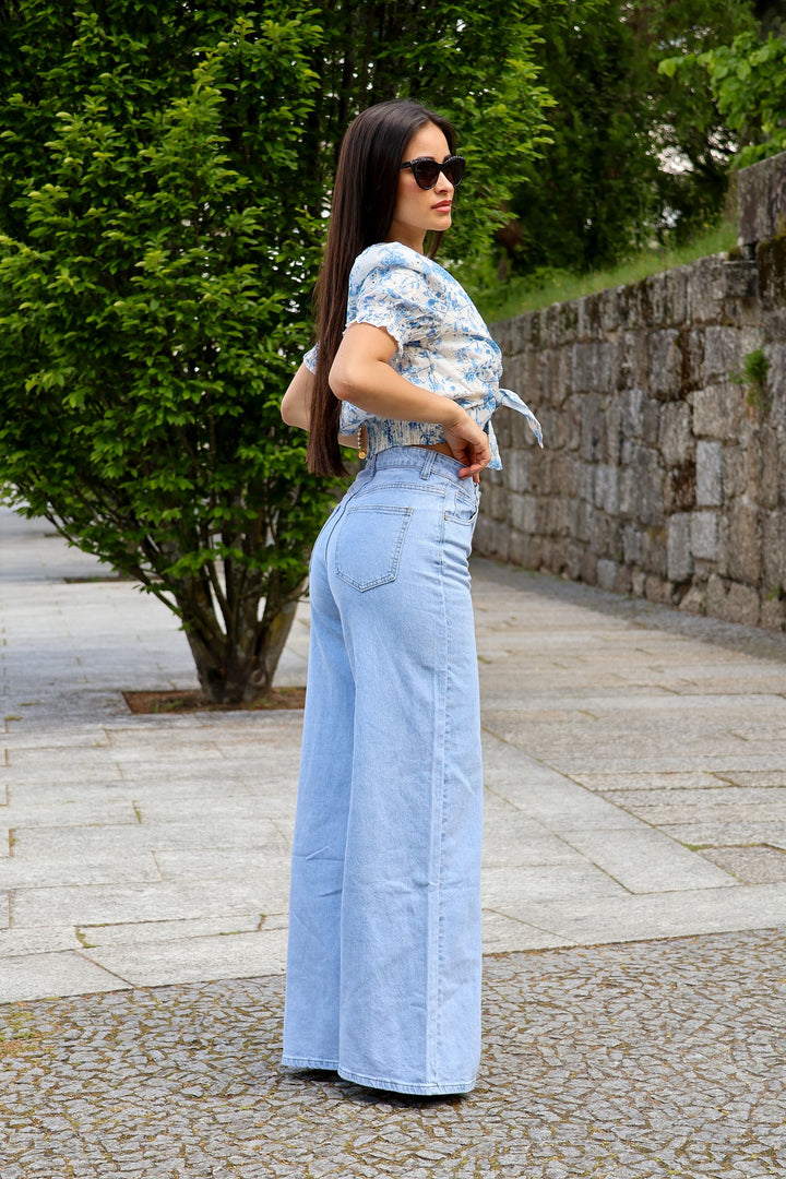 JEANS WIDE LEG CINTURA SUBIDA PONTO CHIC