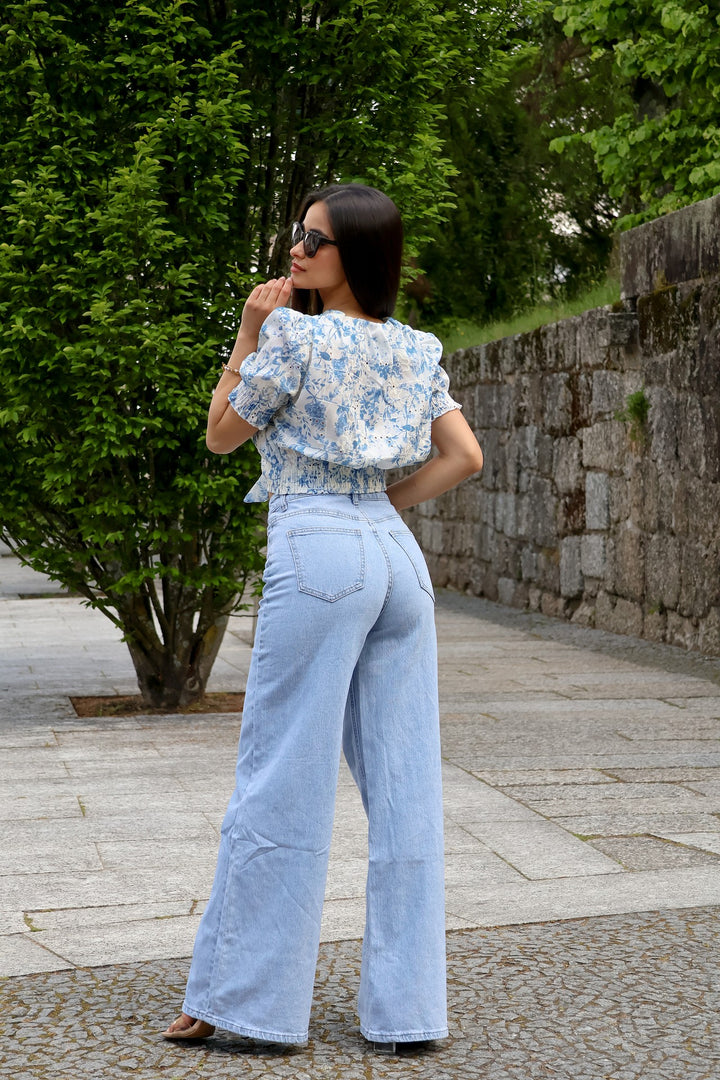 JEANS WIDE LEG CINTURA SUBIDA PONTO CHIC