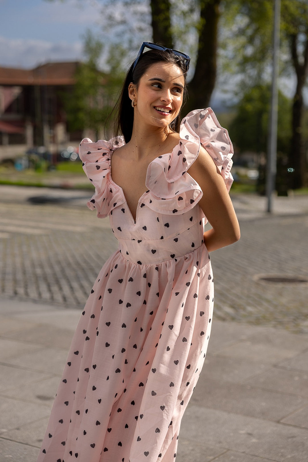 VESTIDO COMPRIDO ESTAMPADO CORAÇÕES PONTO CHIC