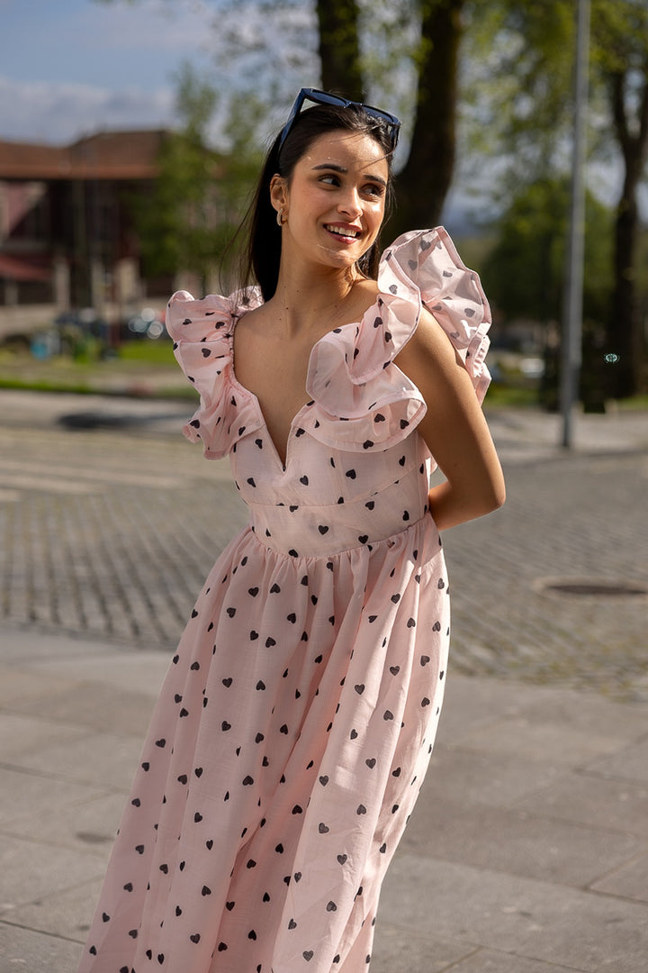 VESTIDO COMPRIDO ESTAMPADO CORAÇÕES PONTO CHIC